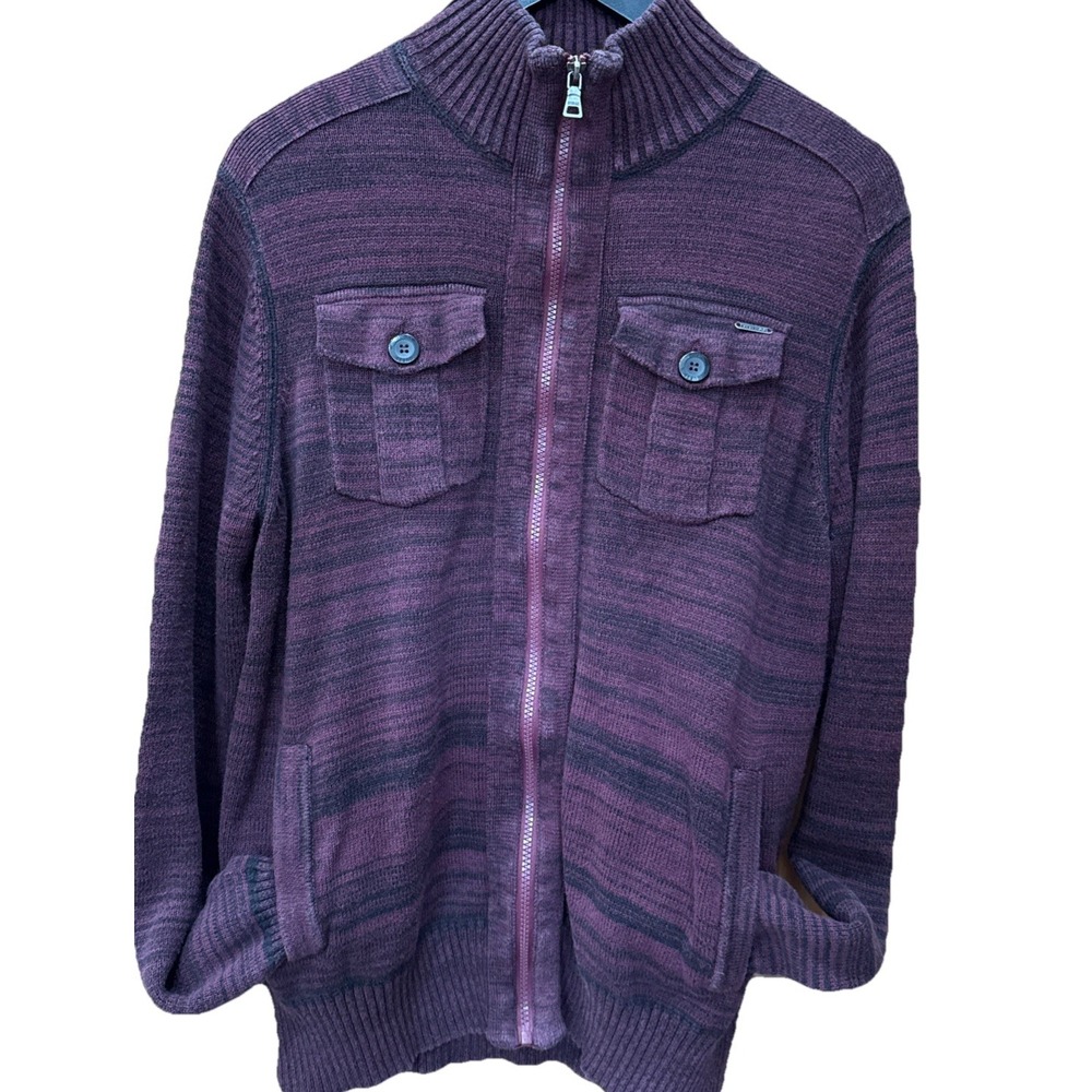 Guess Men's Size Large Maroon Black Strip Zip Up Cardigan Sweater‎ 4 Big Pockets